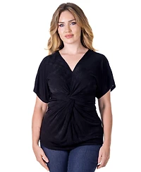 24seven Comfort Apparel Petite V-Neck Knot Front Kimono Sleeve Top