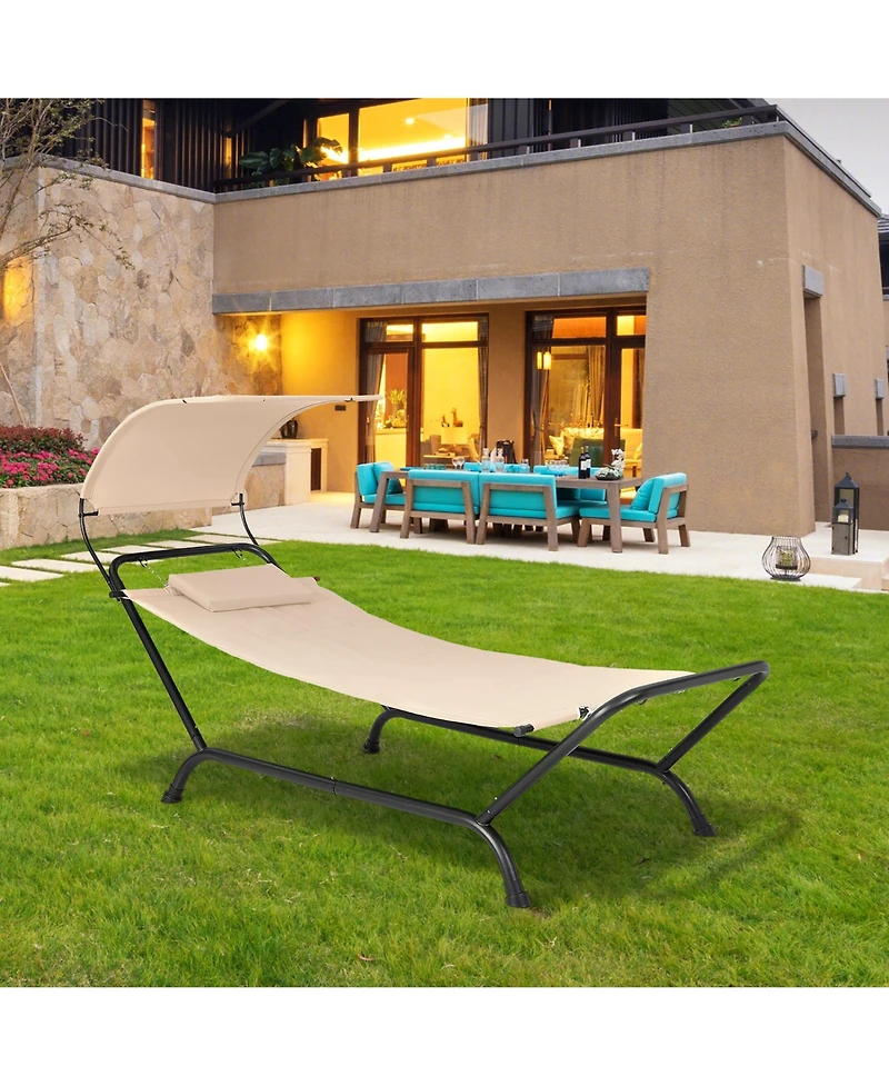 Gymax Chaise Lounge Bed w/ Detachable Sunshade Canopy Hammock w/ Rustproof Metal Stand