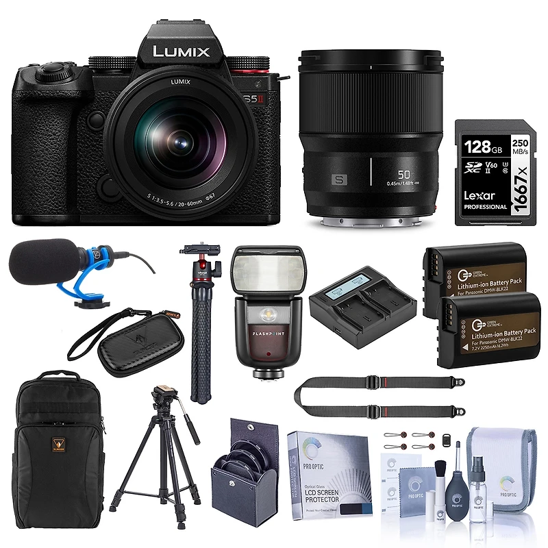 Panasonic Lumix S5II Mirrorless Camera, Black, with Lumix S 20-60mm f/3.5-5.6 and 50mm f/1.8 Lens, Bundle with Flash, 128GB Memory Card, Backpack, 2x