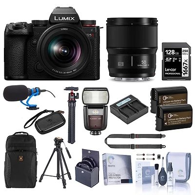 Panasonic Lumix S5II Mirrorless Camera, Black, with Lumix S 20-60mm f/3.5-5.6 and 50mm f/1.8 Lens, Bundle with Flash, 128GB Memory Card, Backpack, 2x