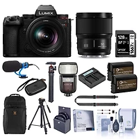Panasonic Lumix S5II Mirrorless Camera, Black, with Lumix S 20-60mm f/3.5-5.6 and 50mm f/1.8 Lens, Bundle with Flash, 128GB Memory Card, Backpack, 2x