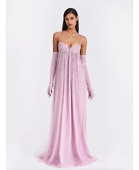 Miss Circle Women's Wallie Pink Rhinestone Embellished Mesh Backless Gown