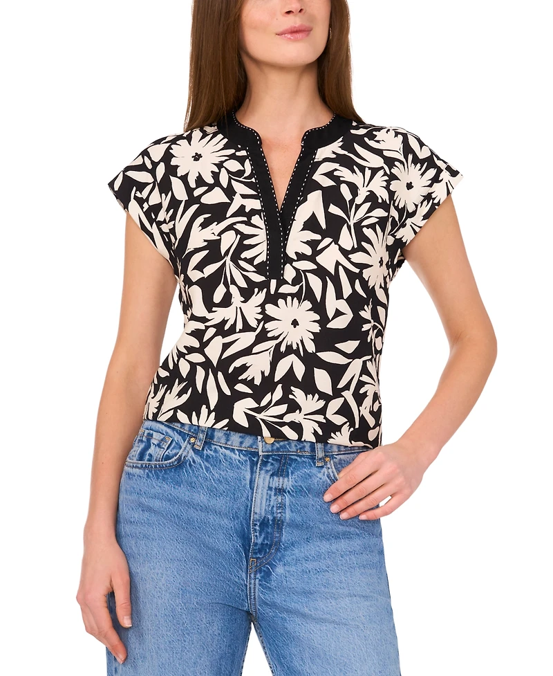 Vince Camuto Women's Floral-Print Split-Neck Cap-Sleeve Top