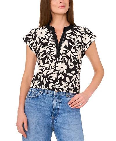 Vince Camuto Women's Floral-Print Split-Neck Cap-Sleeve Top