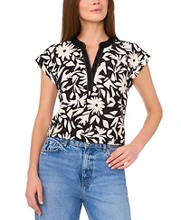 Vince Camuto Women's Floral-Print Split-Neck Cap-Sleeve Top