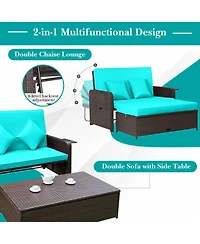 Gymax Rattan Loveseat Set Daybed Lounge w/ Storage Ottoman Side Tables Adjust Patio