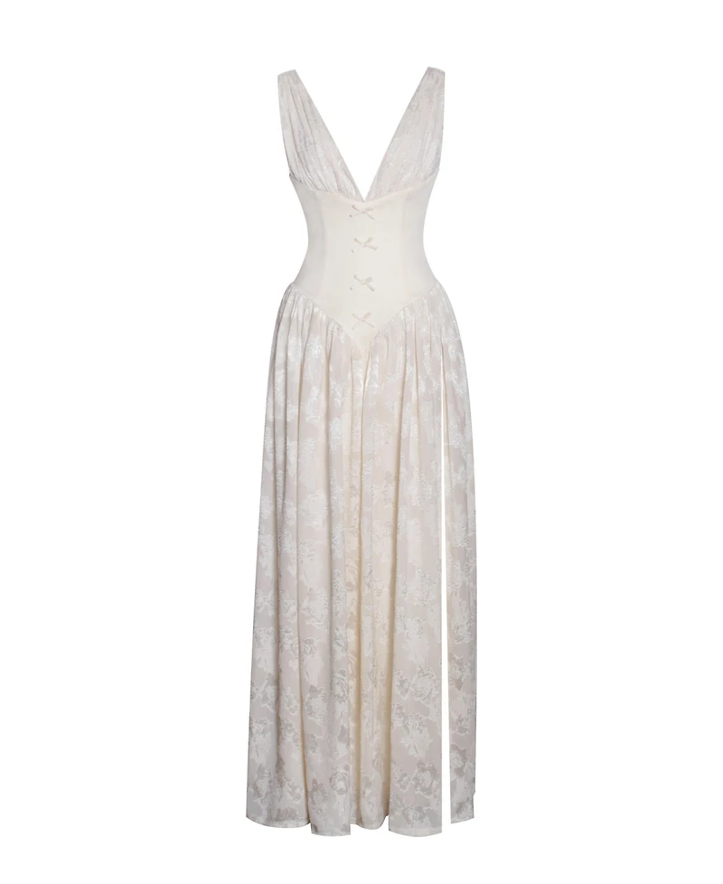 Miss Circle Women's Sabrina Butter Yellow High Slit Jacquard Maxi Dress