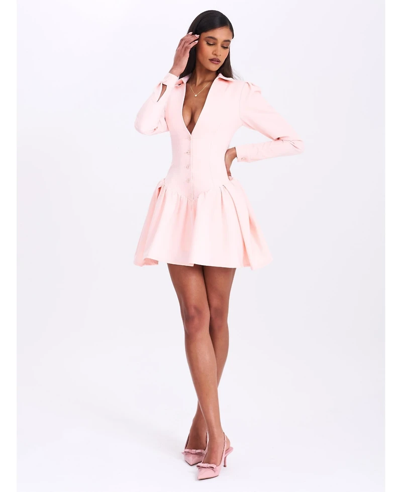 Miss Circle Women's Xabrina Macaron Pink Long Sleeve Shirt Mini Dress