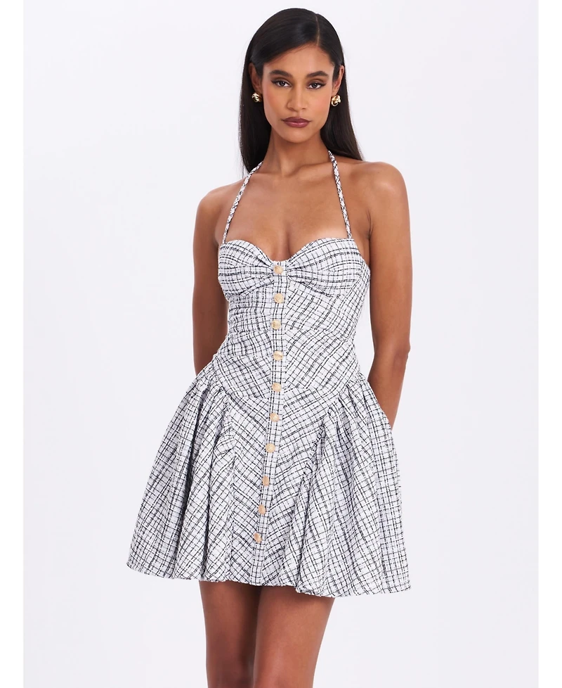 Miss Circle Women's Melody Black and White Plaid Tweed Halter Drop Waist Mini Dress