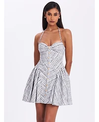 Miss Circle Women's Melody Black and White Plaid Tweed Halter Drop Waist Mini Dress
