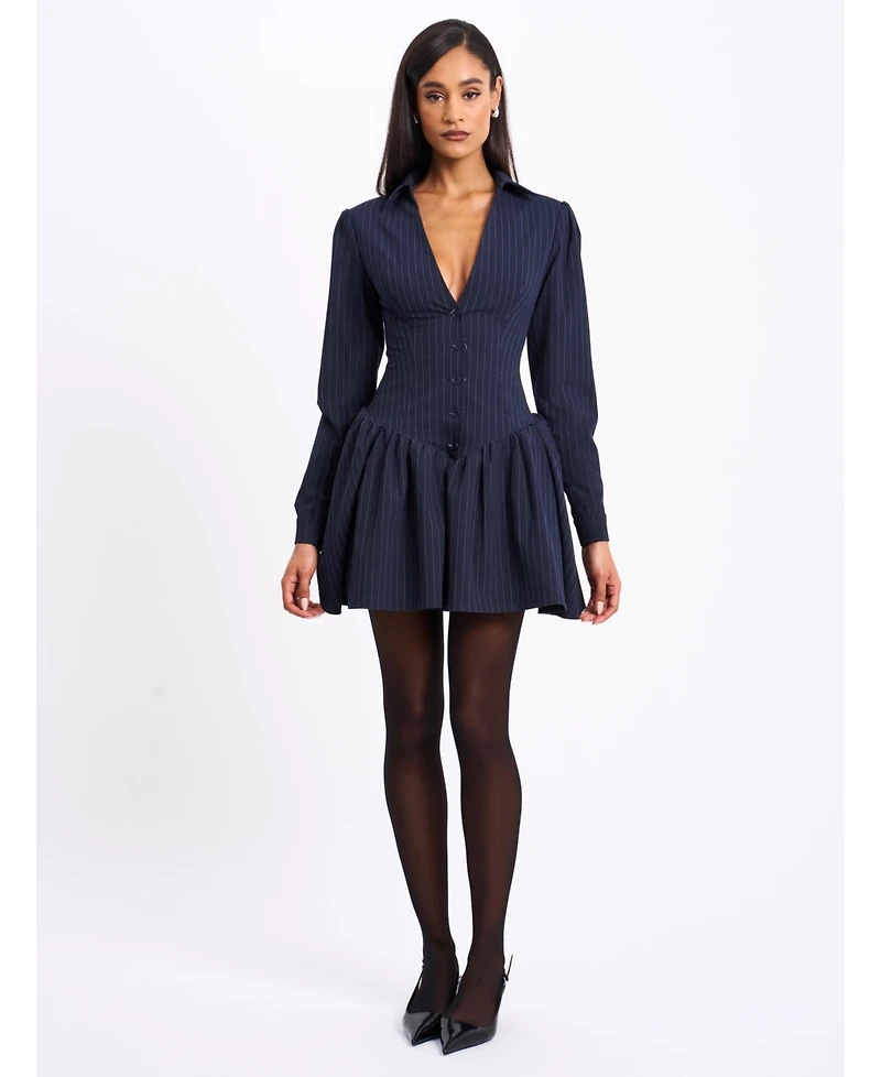 Miss Circle Women's Xabrina Navyblue Pinstripe Long Sleeve Shirt Mini Dress