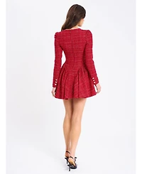 Miss Circle Women's Tae Red Tweed Long Sleeve Drop Waist Mini Dress