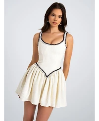 Miss Circle Women's Coco White Boucle Tweed V Waist Mini Dress