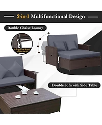 Gymax Rattan Loveseat Set Daybed Lounge w/ Storage Ottoman Side Tables Adjust Patio