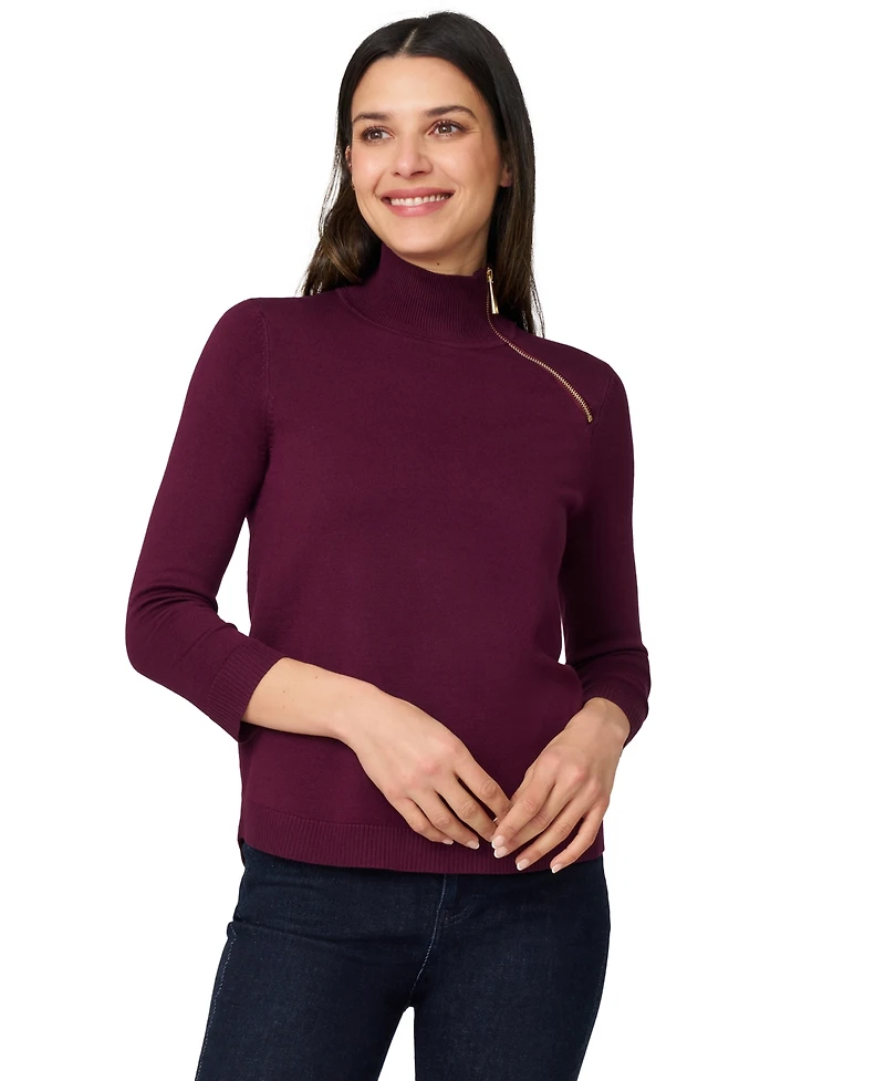 Melissa Paige Petite Mock Neck Asymmetric-Zip Sweater