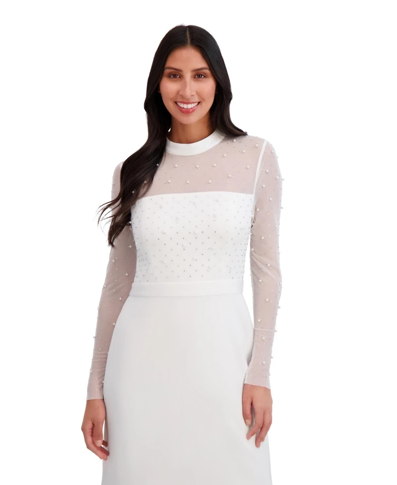 London Times Petite Beaded Illusion Mock-Neck Midi Dress