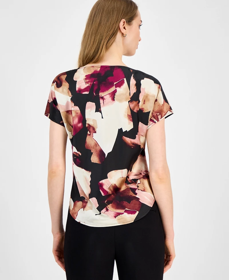 Anne Klein Women's Satin Printed Cowlneck Blouse