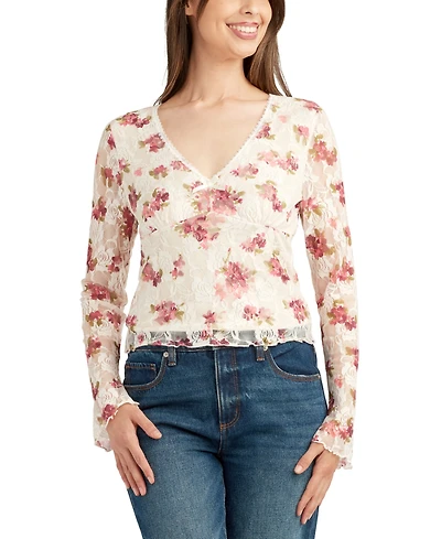 Bcx Juniors' Floral-Print Stretch Lace Long-Sleeve Top