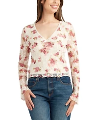 Bcx Juniors' Floral-Print Stretch Lace Long-Sleeve Top