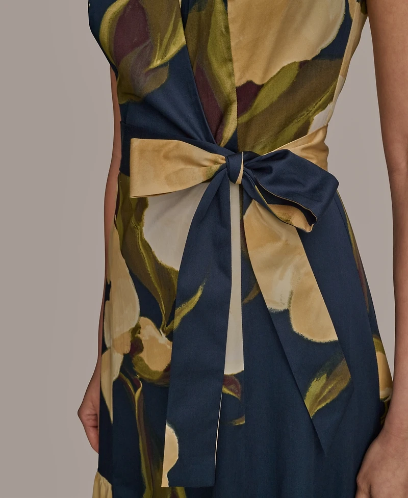 Donna Karan New York Women's Printed Sleeveless Faux-wrap V-neck Pleated Dress