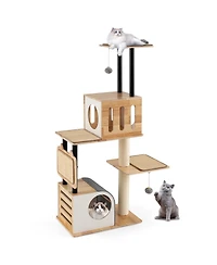Modern Tall Cat Tower with Double Condos with Dangling Balls and Sisal Carpets