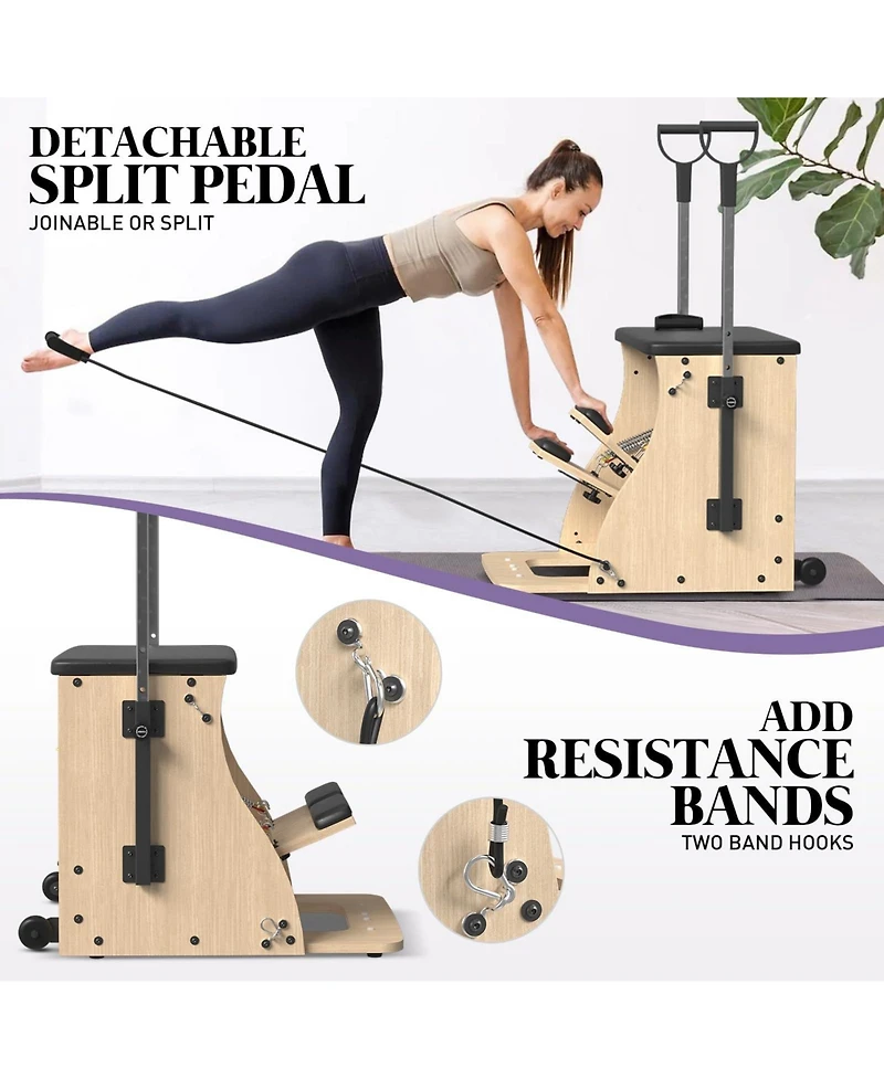 Mikolo Pilates Combo Chair – Oak Frame, Resistance Bands & Split Pedals for Home/Studio