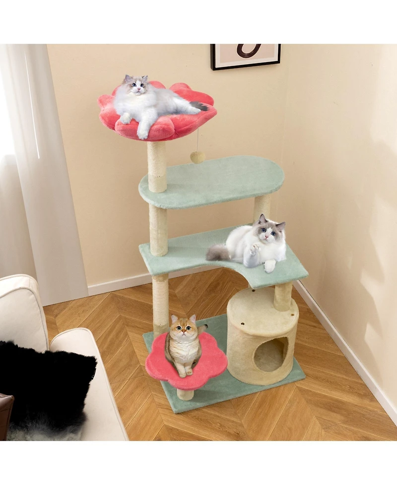 Multi-Level Aesthetic Floral Kitten Tower with Flower-Shaped Plush Padded Perch