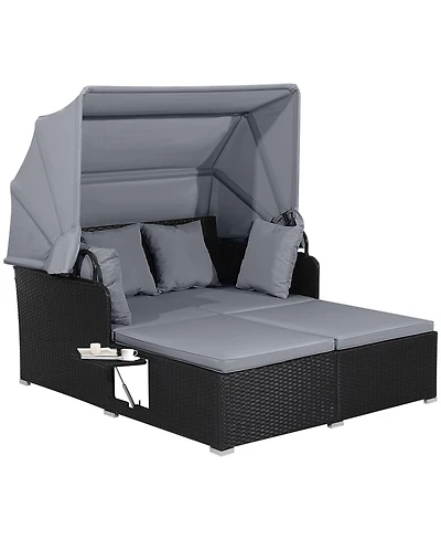 Gymax Rattan Daybed Lounge w/ Retractable Top Canopy Side Tables Cushions