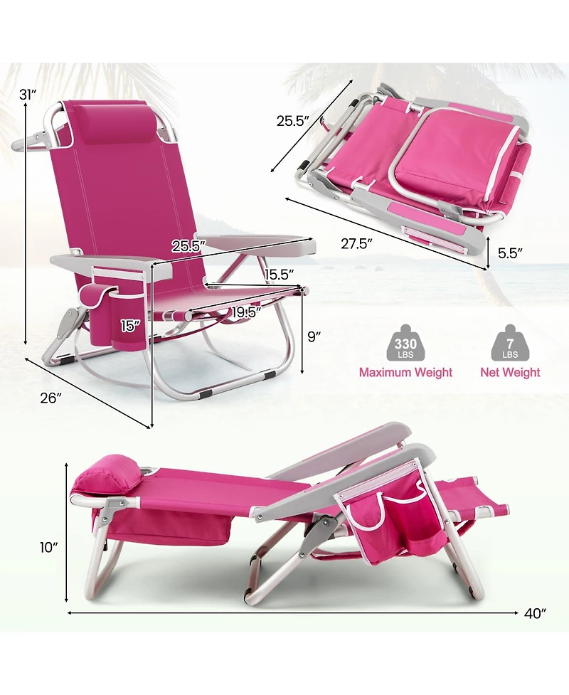 Foldable Backpack Beach Chair with Cup Holder and Storage Pockets for Outdoor