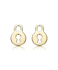 14K Gold Plated with Clear Cubic Zirconia Heart, Key & Lock "Love & Lock" Stud Earring 3-Piece Set
