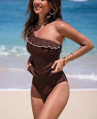 Cupshe Women's One Shoulder Neck Asymmetrical Ruffles Tankini Sets