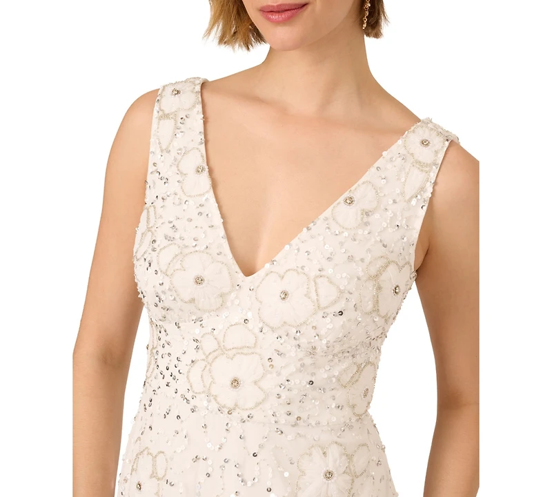 Adrianna Papell Women's Beaded Mesh V-Neck A-Line Dress