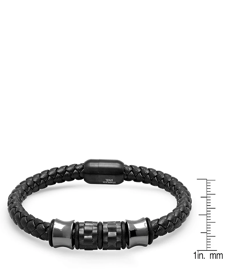 Steeltime Men's Black Braided Leather and Black Ip Stainless Steel Bracelet