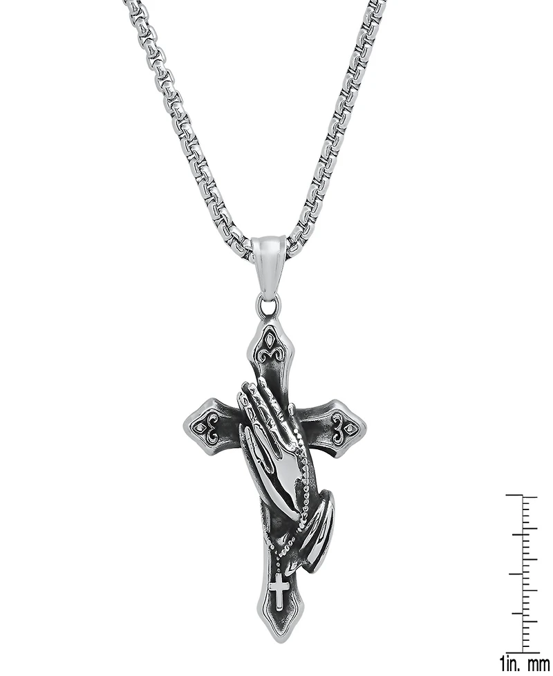 Steeltime Men's Stainless-Steel Prayer Hand and Cross Pendant Necklace