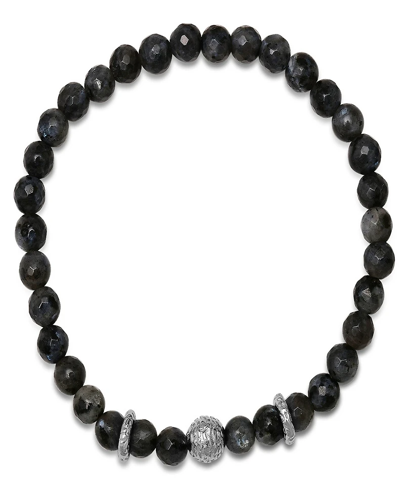 Steeltime Men's Sterling Silver and Gray Agate Beaded Stretch Bracelet