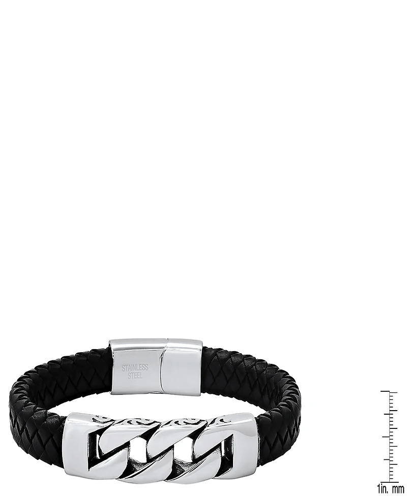 Steeltime Men's Black Braided Leather and Stainless-Steel Bracelet