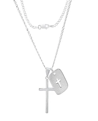 Steeltime Men's Sterling Silver Cross and Dog Tag Paired Pendant Necklace