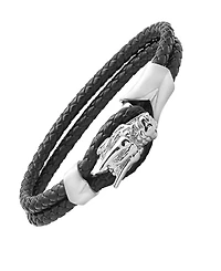 Steeltime Men's Black Braided Leather Bracelet with Stainless Steel Dragon Head Design