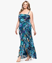 Xscape Plus Printed Ruffled Sleeveless Maxi Dress