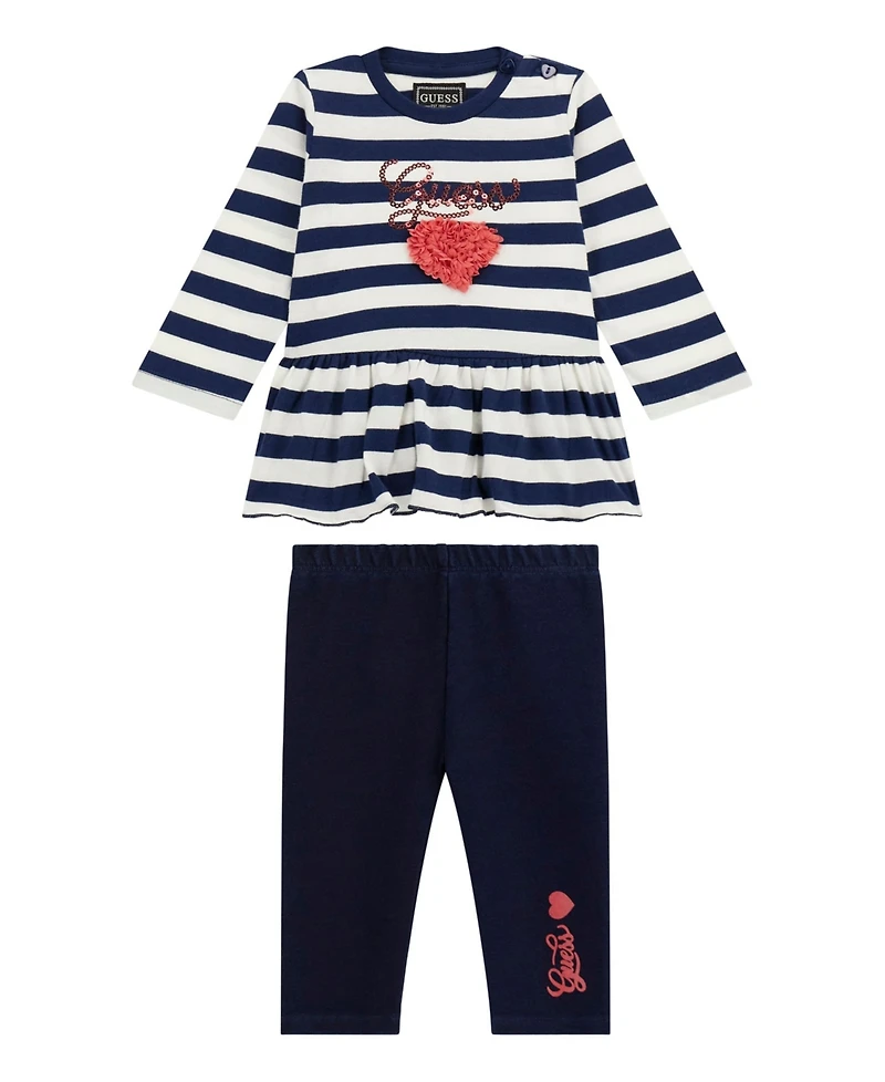 Guess Baby Girls 2-Piece Long Sleeve Yarn Dye Stripe T-Shirt and Knit Denim Pants Set