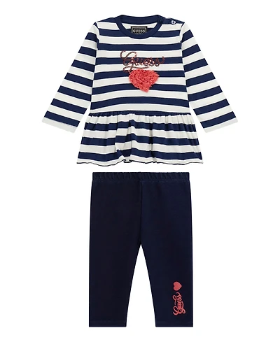 Guess Baby Girls 2-Piece Long Sleeve Yarn Dye Stripe T-Shirt and Knit Denim Pants Set