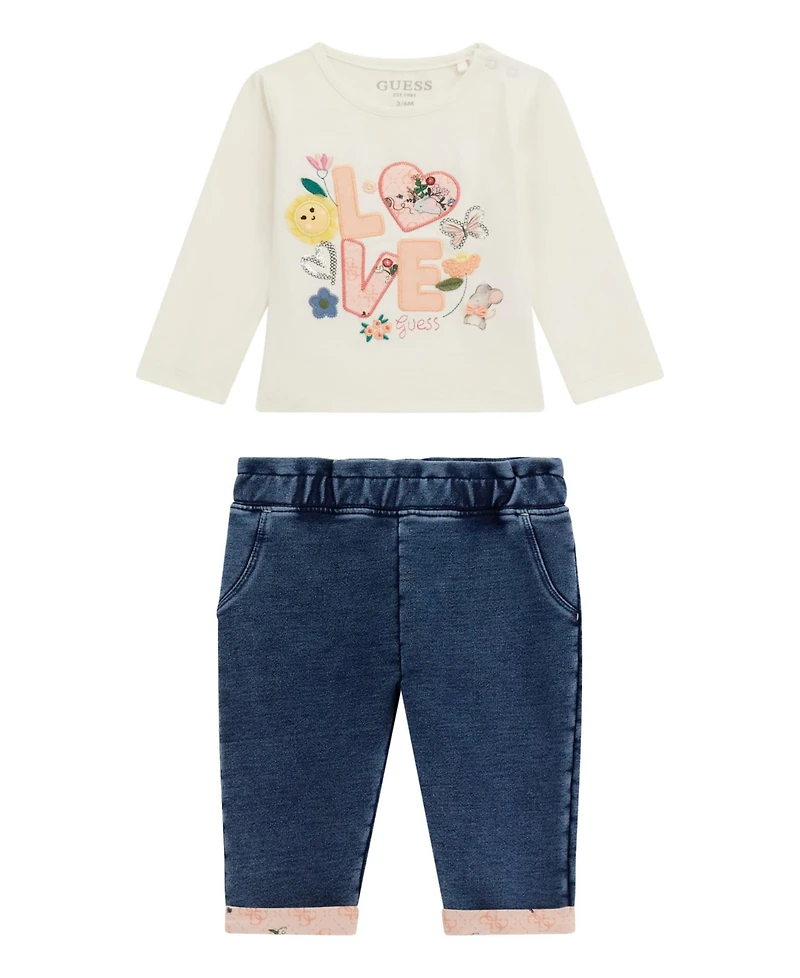 Guess Baby Girls 2-Piece Long Sleeve T-Shirt and Knit Denim Pants Set