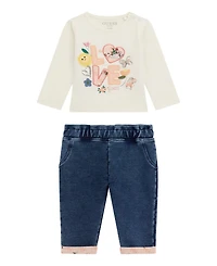 Guess Baby Girls 2-Piece Long Sleeve T-Shirt and Knit Denim Pants Set