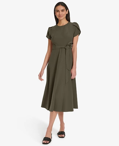Calvin Klein Women's Tulip-Sleeve Tie-Waist A-Line Dress