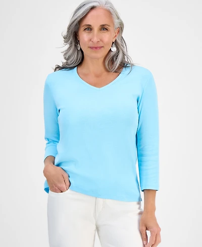 Style & Co Petite V-Neck 3/4-Sleeve T-Shirt, Created for Macy's