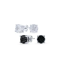 Bling Jewelry Set of 2 Round Black Clear Cubic Zirconia Invincible Cut Stud Earrings 5MM