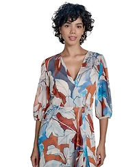 Calvin Klein Women's 3/4-Sleeve Chiffon Wrap A-Line Dress