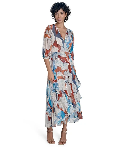 Calvin Klein Women's 3/4-Sleeve Chiffon Wrap A-Line Dress