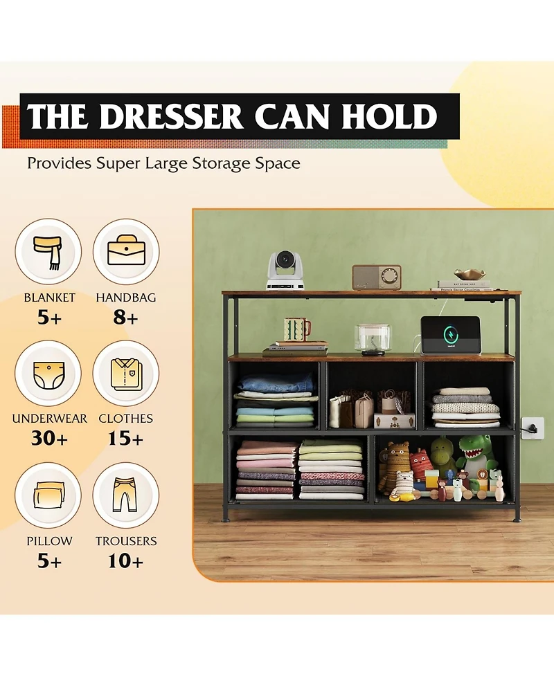 5-Drawer Dresser with Charging Station for Bedroom, Living Room, Closet, Entryway, Fabric Chest of Drawers Open Shelves, Rustic Brown Wood Grain