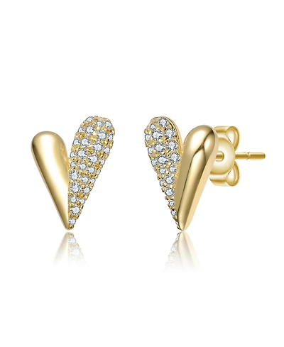 14K Gold Plated with Clear Cubic Zirconia Sleek Heart Stud Earrings
